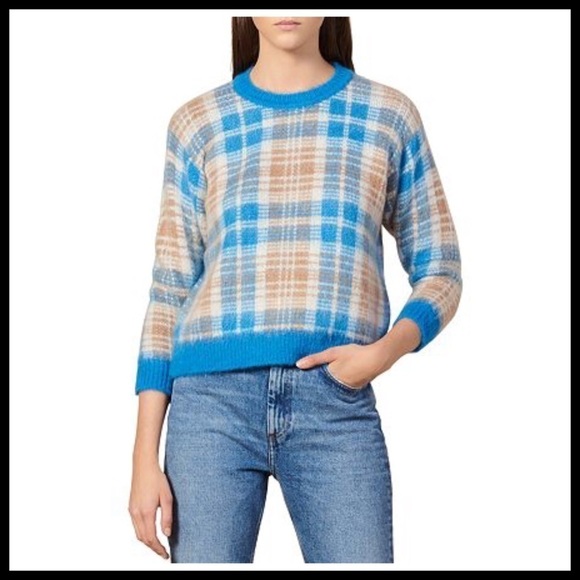 SANDRO Poesa Plaid Crew Neck Sweater in Ciel - Picture 1 of 12